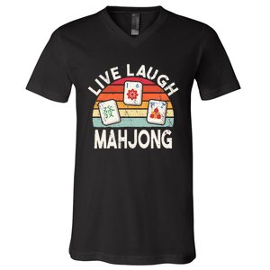 Live Laugh Mahjong Retro Mahjongg Chinese V-Neck T-Shirt