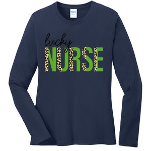 Leopard Lucky Nurse Saint Patrick's Day Clover Nurse Lover Ladies Long Sleeve Shirt