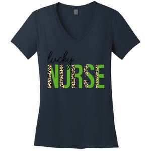 Leopard Lucky Nurse Saint Patrick's Day Clover Nurse Lover Women's V-Neck T-Shirt