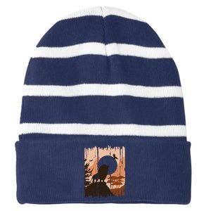 Lion Landscape Nature Mountain Striped Beanie with Solid Band