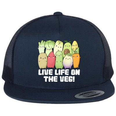 Live Life On The Veg Vegan Vegetarian Kawaii Cute Vegetables Funny Gift Flat Bill Trucker Hat