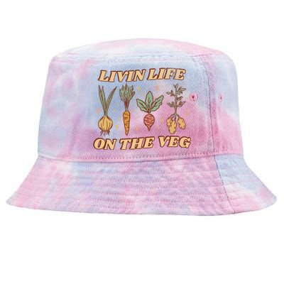 Living Life On The Veg Funny Vegan Pun Vintage Garden Gift Tie-Dyed Bucket Hat