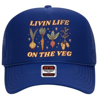 Living Life On The Veg Funny Vegan Pun Vintage Garden Gift High Crown Mesh Back Trucker Hat