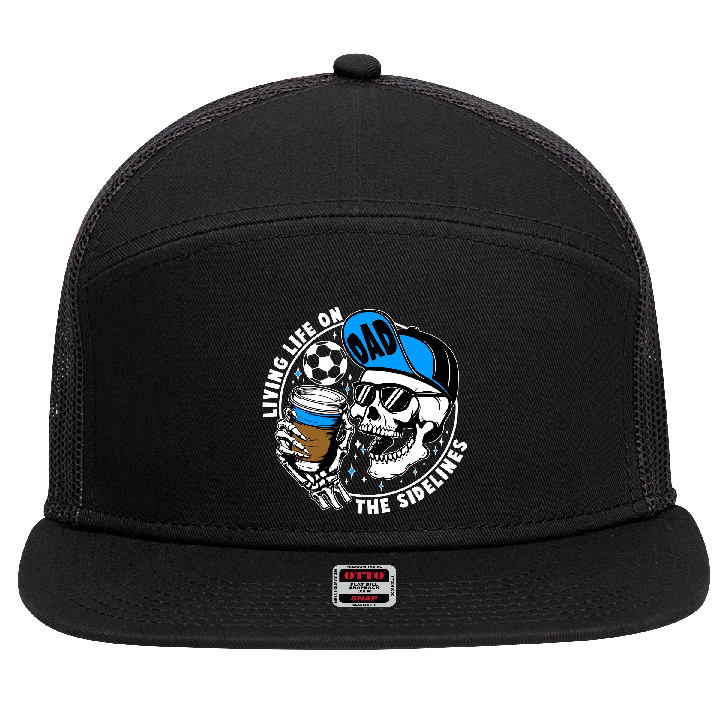 Living Life On The Sidelines Soccer Dad Coffee Skeleton 7 Panel Mesh Trucker Snapback Hat