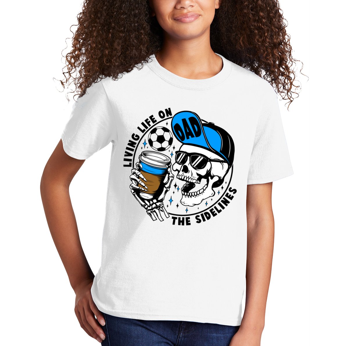 Living Life On The Sidelines Soccer Dad Coffee Skeleton Kids T-Shirt