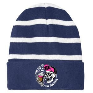 Living Life On The Sidelines Soccer Mom Coffee Skeleton Striped Beanie with Solid Band