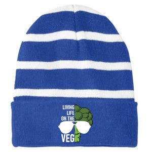 Living Life On The Veg Quirky Joke Vegetarian Or Vegan Gift Striped Beanie with Solid Band