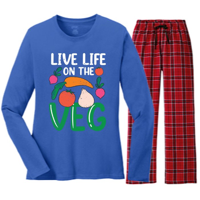 Live Life On The Veg Veganism Funny Vegetarian Gift Women's Long Sleeve Flannel Pajama Set 