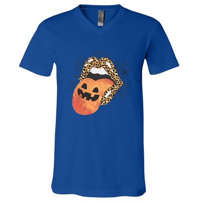 Leopard Lips Pumpkin Spooky Season Halloween Witchy Gift V-Neck T-Shirt