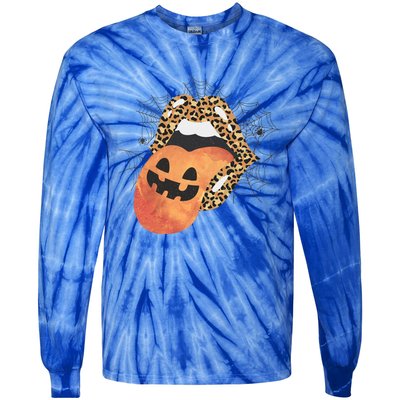 Leopard Lips Pumpkin Spooky Season Halloween Witchy Gift Tie-Dye Long Sleeve Shirt