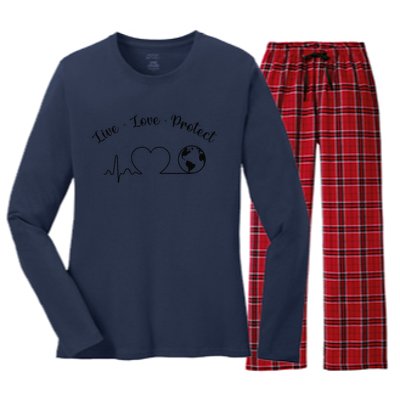 Live Love Protect Heartbeat Planet Globe Earth Day April 22 Women's Long Sleeve Flannel Pajama Set 