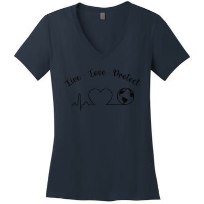 Live Love Protect Heartbeat Planet Globe Earth Day April 22 Women's V-Neck T-Shirt