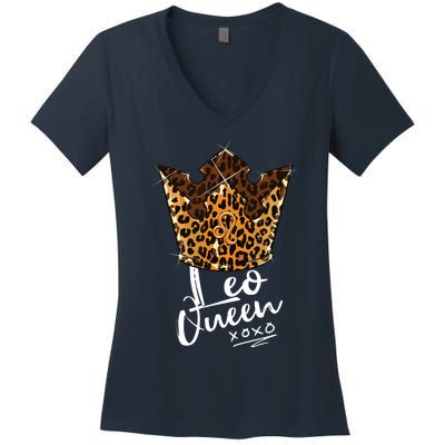 Leopard Leo Queen Zodiac Sign With Leopard Pattern Crown Women's V-Neck T-Shirt