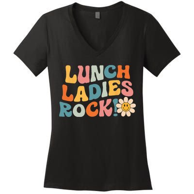 Lunch Ladies Rock! Retro Lunch Ladies Squad Cafeteria Crew Women's V-Neck T-Shirt