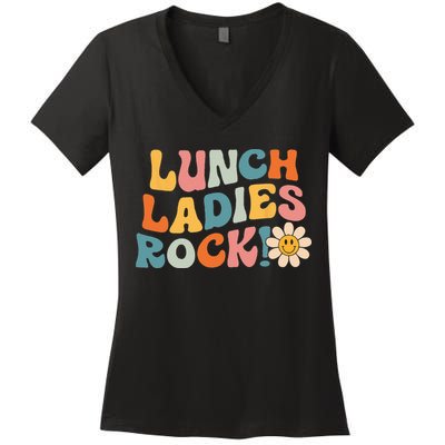 Lunch Ladies Rock! Retro Lunch Ladies Squad Cafeteria Crew Women's V-Neck T-Shirt