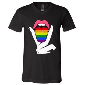 LGBT Lesbian Rainbow Pride Flag Tongue Gay Bisexual Love V-Neck T-Shirt