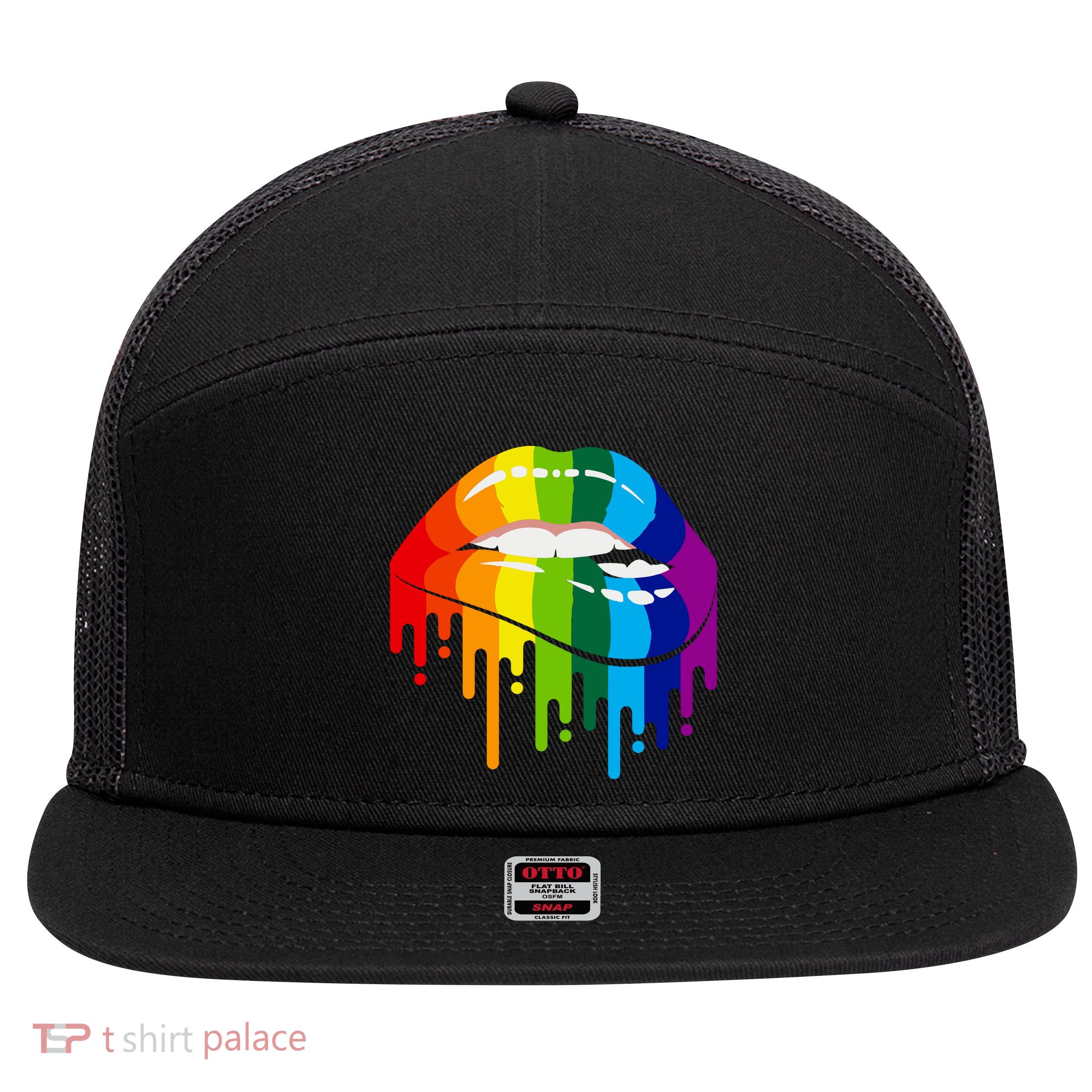 LGBTQ Lips Rainbow Flag Gay Pride 7 Panel Mesh Trucker Snapback Hat