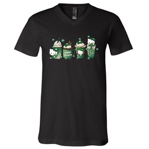 Lucky Latte St Patrick's Day Shamrock Kitty Lucky Latte V-Neck T-Shirt