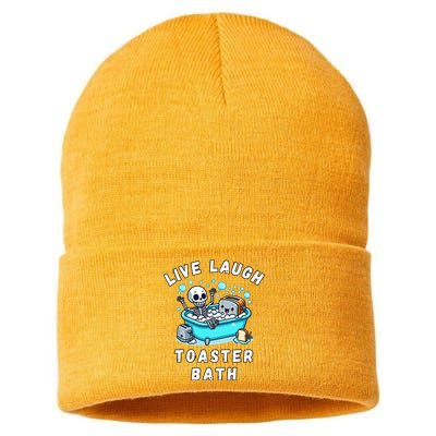 Live Laugh Toaster Bath Sarcastic Unhinged Meme Saying Sustainable Knit Beanie