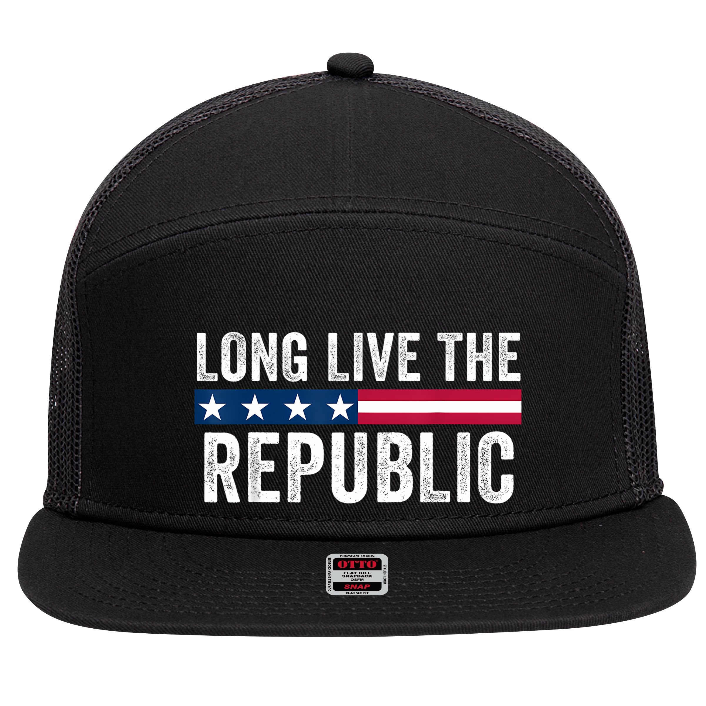Long Live The Republic Patriotic American Flag 7 Panel Mesh Trucker Snapback Hat