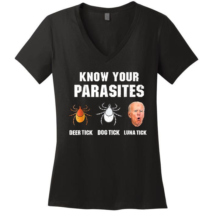 Lunatic Luna Tick Know Your Parasites Anti Joe Biden 2024 Women's V-Neck T-Shirt