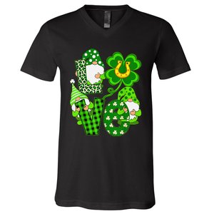 Leopard Love Three Gnomes Lucky Shamrock St Patrick's Day V-Neck T-Shirt