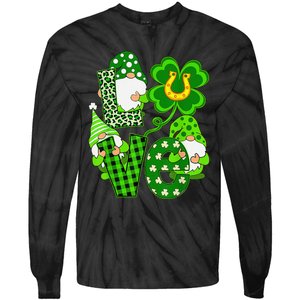 Leopard Love Three Gnomes Lucky Shamrock St Patrick's Day Tie-Dye Long Sleeve Shirt