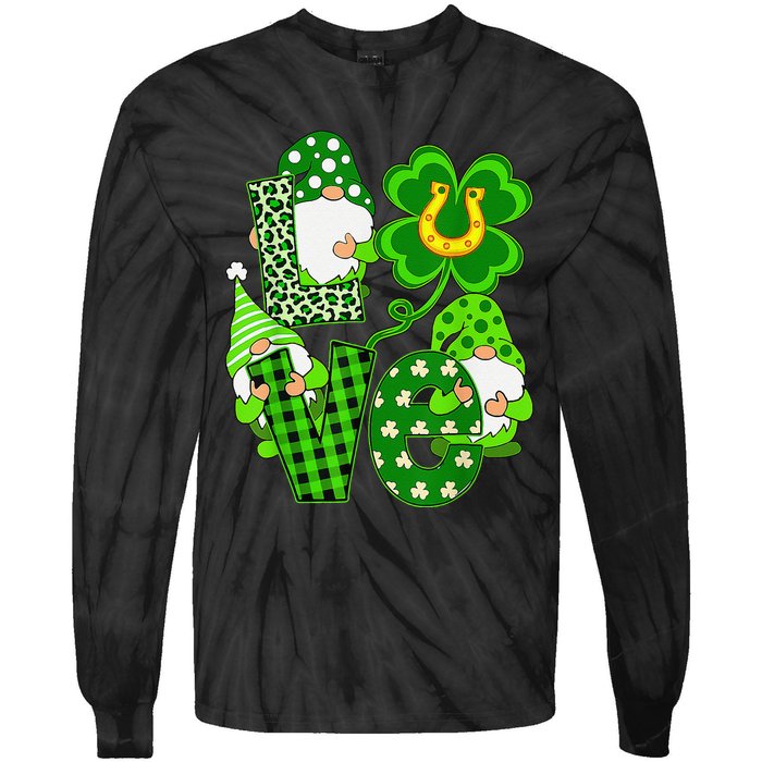 Leopard Love Three Gnomes Lucky Shamrock St Patrick's Day Tie-Dye Long Sleeve Shirt