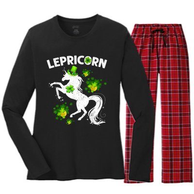 Lepricorn Leprechaun Unicorn St Patrick's Day Shamrock Women's Long Sleeve Flannel Pajama Set 