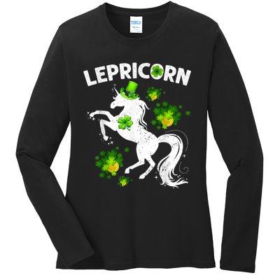 Lepricorn Leprechaun Unicorn St Patrick's Day Shamrock Ladies Long Sleeve Shirt