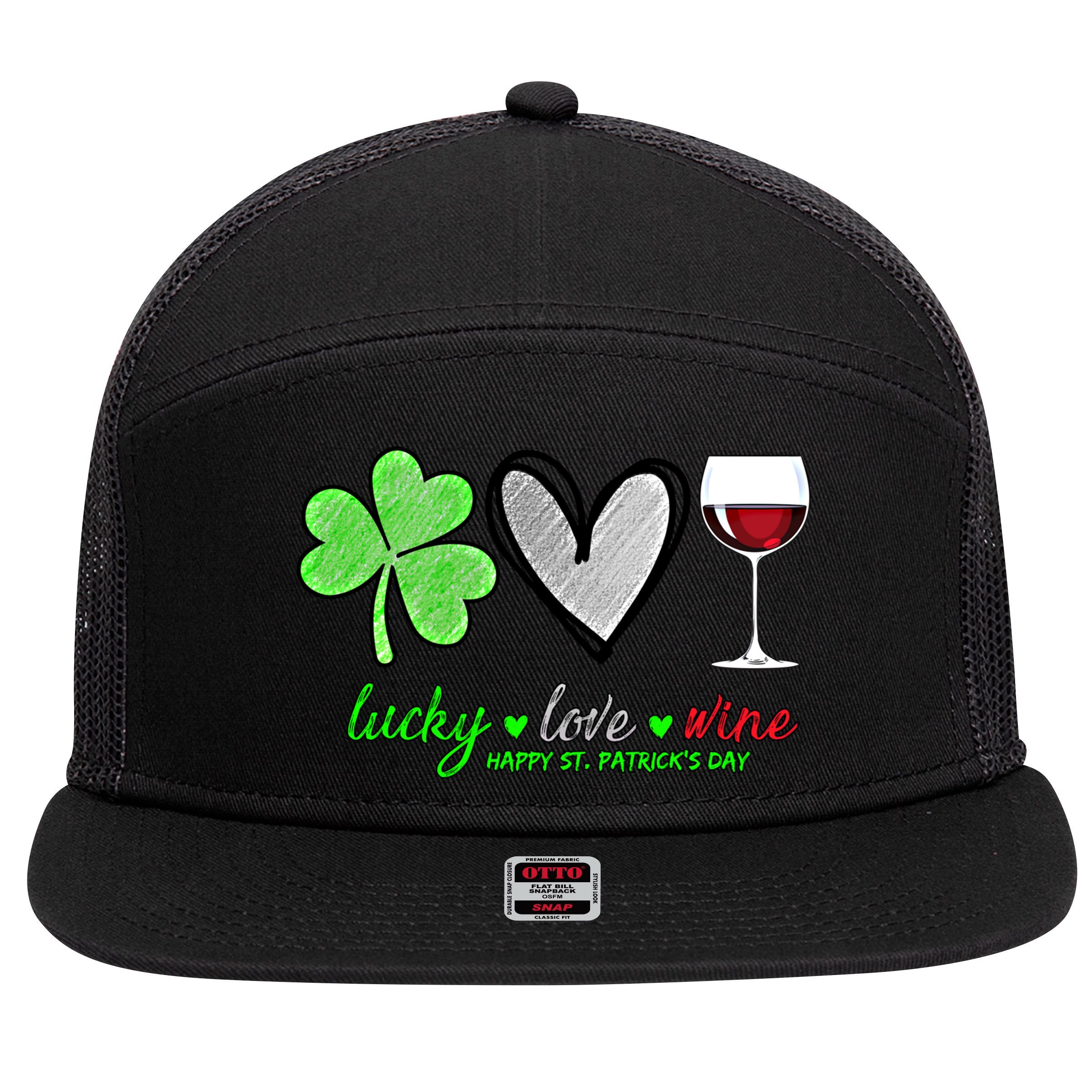 Lucky Love Wine Shamrock Happy St Patrick's Day Funny Gift 7 Panel Mesh Trucker Snapback Hat