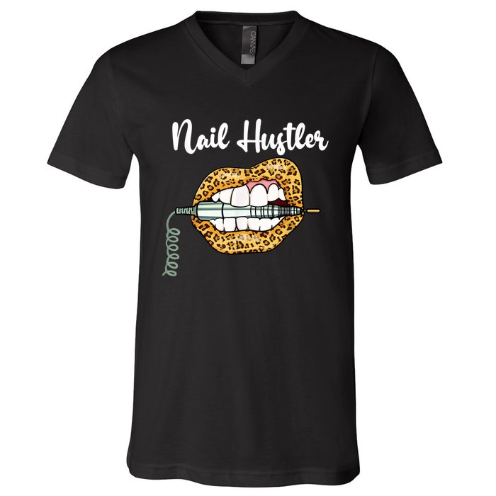 Leopard Lips With Nail Technician Drill Cool Nail Hustler V-Neck T-Shirt