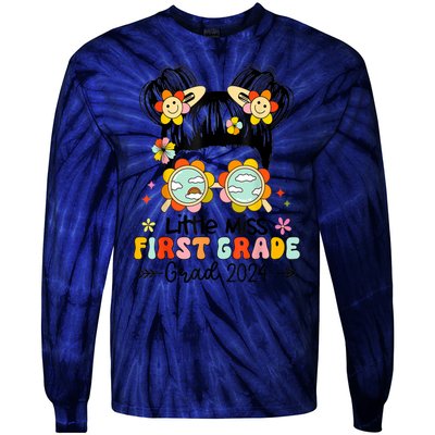 Little Miss 1st First Grade Grad Graduation 2024 Messy Bun Gift Tie-Dye Long Sleeve Shirt