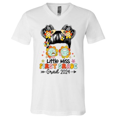 Little Miss 1st First Grade Grad Graduation 2024 Messy Bun Gift V-Neck T-Shirt