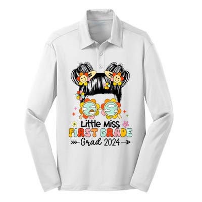 Little Miss 1st First Grade Grad Graduation 2024 Messy Bun Gift Silk Touch Performance Long Sleeve Polo