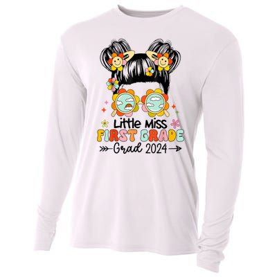 Little Miss 1st First Grade Grad Graduation 2024 Messy Bun Gift Cooling Performance Long Sleeve Crew