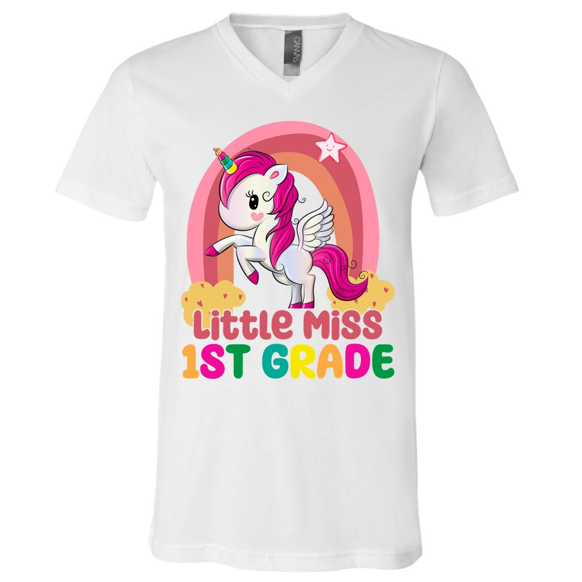 Little Miss 1st Grade Rainbow Unicorn V-Neck T-Shirt