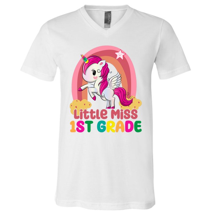 Little Miss 1st Grade Rainbow Unicorn V-Neck T-Shirt