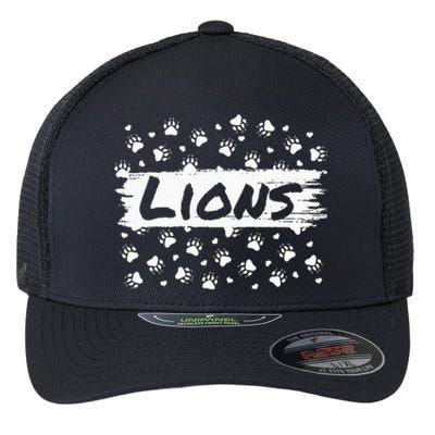 Lions Mascot Back To School Spirit Footprint Heart Squad Flexfit Unipanel Trucker Cap