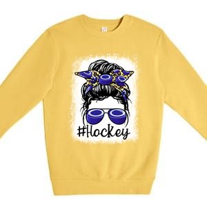 Leopard Messy Bun Mom MotherS Day Hockey Mommy Great Gift Premium Crewneck Sweatshirt