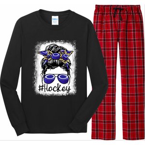 Leopard Messy Bun Mom MotherS Day Hockey Mommy Great Gift Long Sleeve Pajama Set