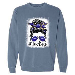 Leopard Messy Bun Mom MotherS Day Hockey Mommy Great Gift Garment-Dyed Sweatshirt