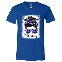 Leopard Messy Bun Mom MotherS Day Hockey Mommy Great Gift V-Neck T-Shirt