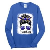 Leopard Messy Bun Mom MotherS Day Hockey Mommy Great Gift Tall Long Sleeve T-Shirt