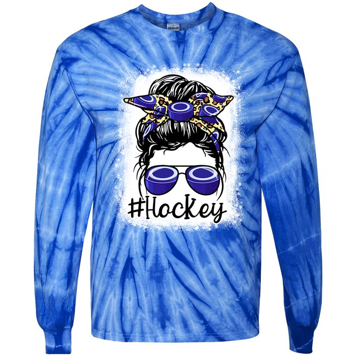 Leopard Messy Bun Mom MotherS Day Hockey Mommy Great Gift Tie-Dye Long Sleeve Shirt