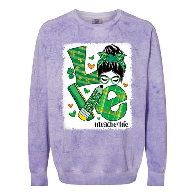 Love Messy Bun Teacher Saint Patricks Day Lucky Teacher Gift Colorblast Crewneck Sweatshirt