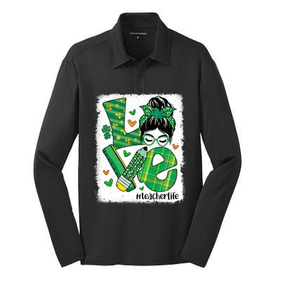 Love Messy Bun Teacher Saint Patricks Day Lucky Teacher Gift Silk Touch Performance Long Sleeve Polo