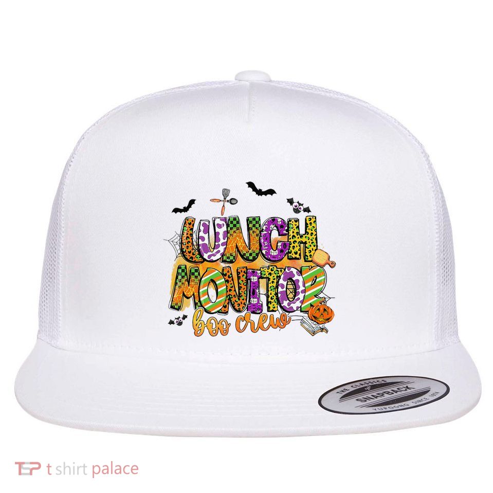 Lunch Monitor Boo Crew Pumpkin Witch Hat Funny Halloween Flat Bill Trucker Hat