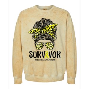 Leopard Messy Bun  Survivor Sarcoma Awareness Colorblast Crewneck Sweatshirt