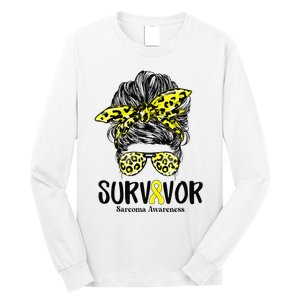 Leopard Messy Bun  Survivor Sarcoma Awareness Long Sleeve Shirt